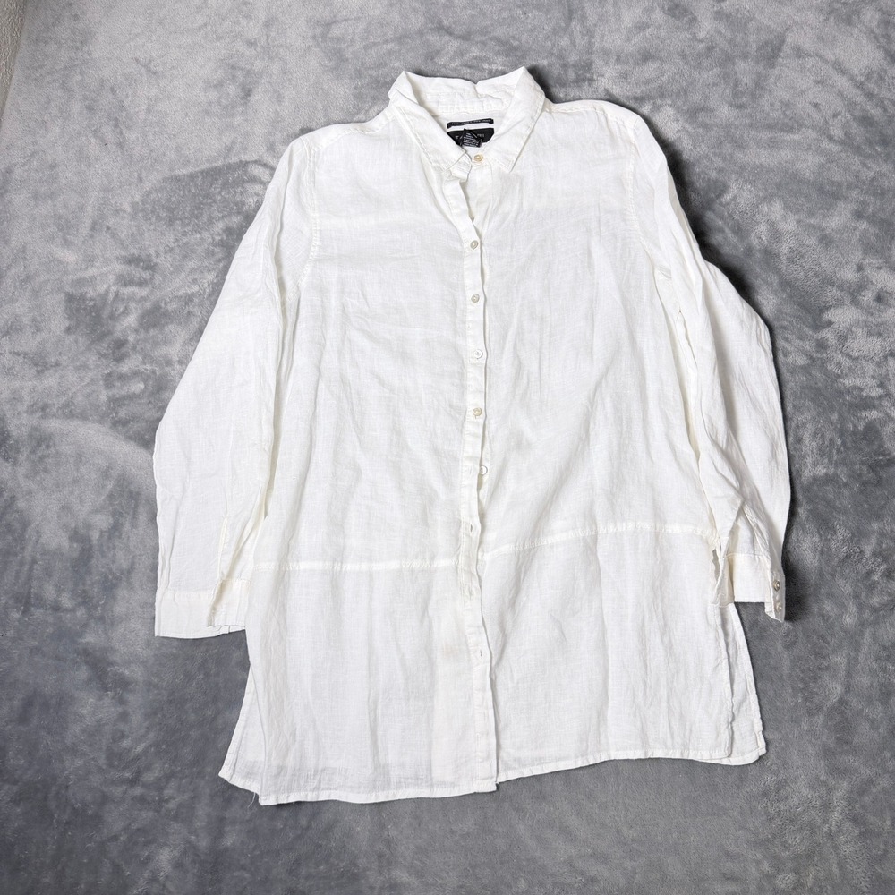 Tahari Womens XL White 100% Linen Button Down Tunic Shirt Coastal Resort Light